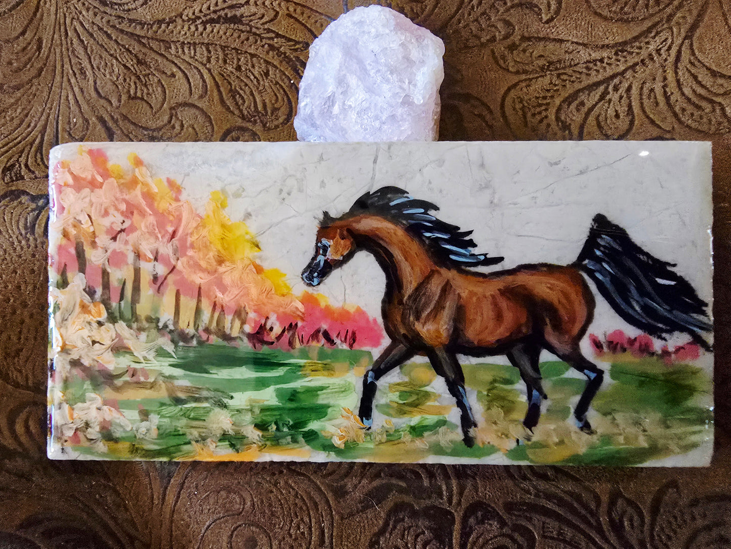 Handpainted Horse Scene Marble Tile – Original Art