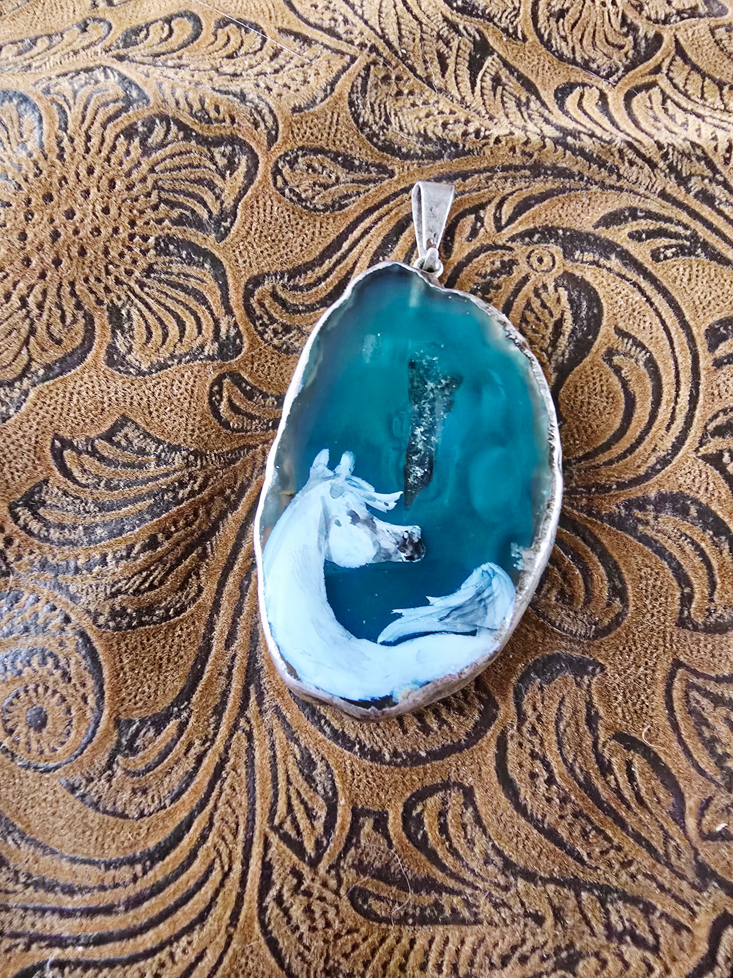 Hand-Painted Arabian Horse Pendant — Teal Dyed Brazilian Agate Slice