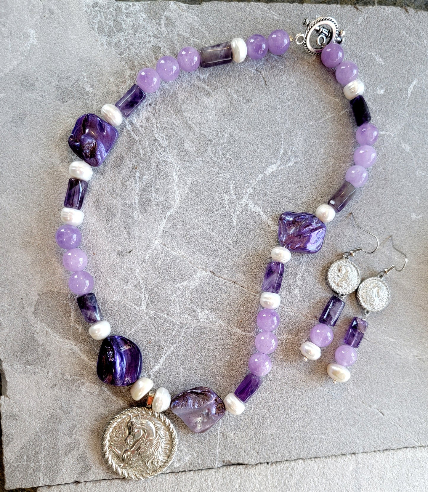 Exquisite Arabian Pewter Amethyst Pearl & Shell Necklace and Earring Set