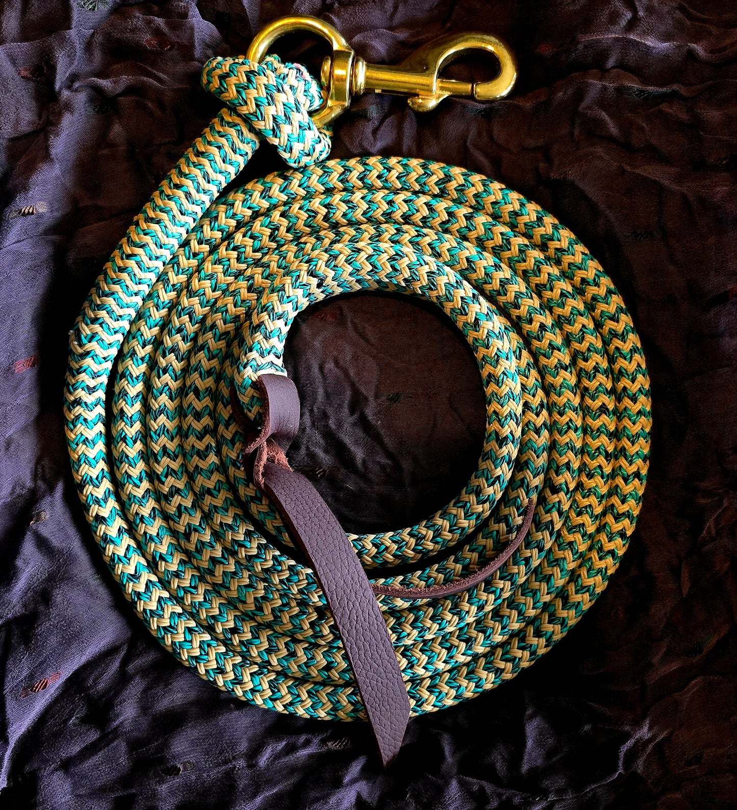 Handcrafted 10' Lead Rope with Leather Popper — Tan, Turquoise & Black