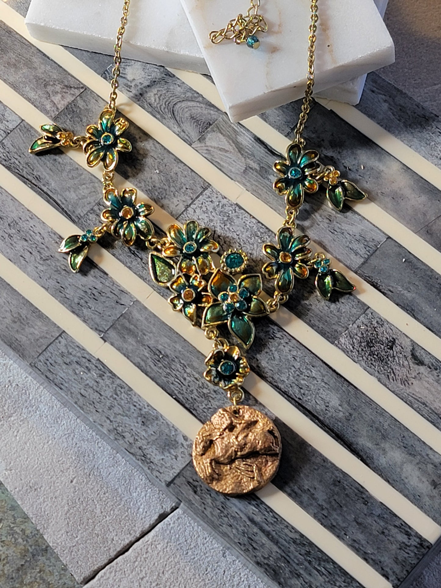 Hunter Jumper Bronze Clay & Teal Enamel Floral Necklace