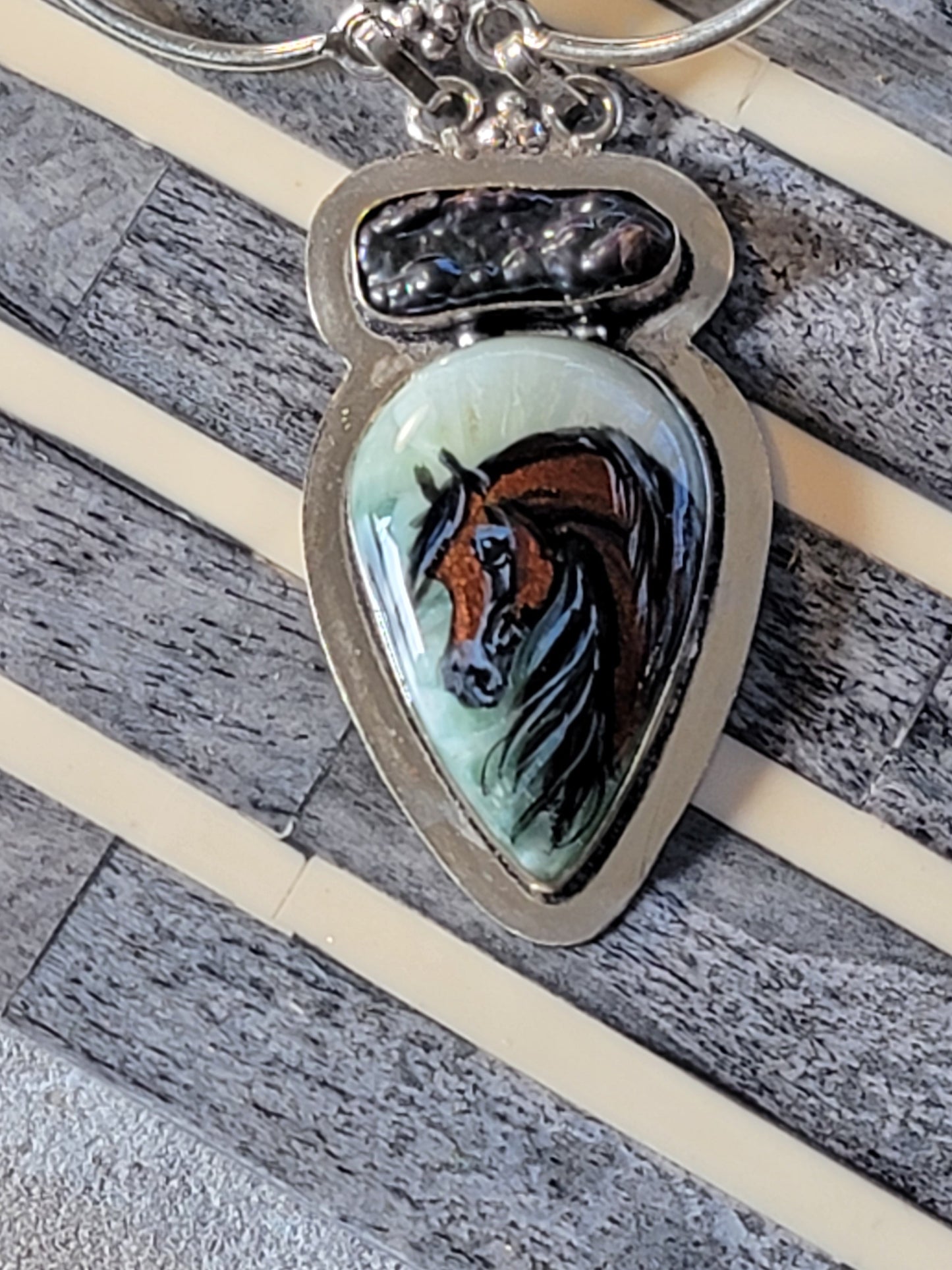 Hand-Painted Bay Horse Gemstone Necklace | Sterling Silver | Adjustable 20"