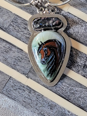 Hand-Painted Bay Horse Gemstone Necklace | Sterling Silver | Adjustable 20"