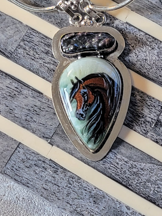 Hand-Painted Bay Horse Gemstone Necklace | Sterling Silver | Adjustable 20"