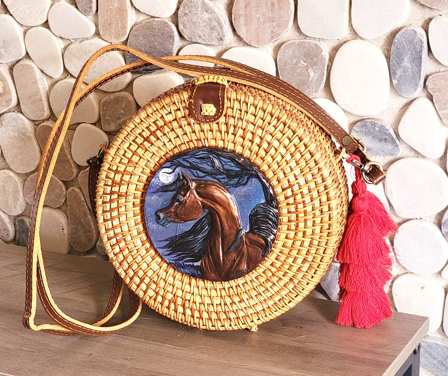 Moonlit Arabian — Hand-Painted, Hand Sculpted Vintage Rattan Crossbody Bag