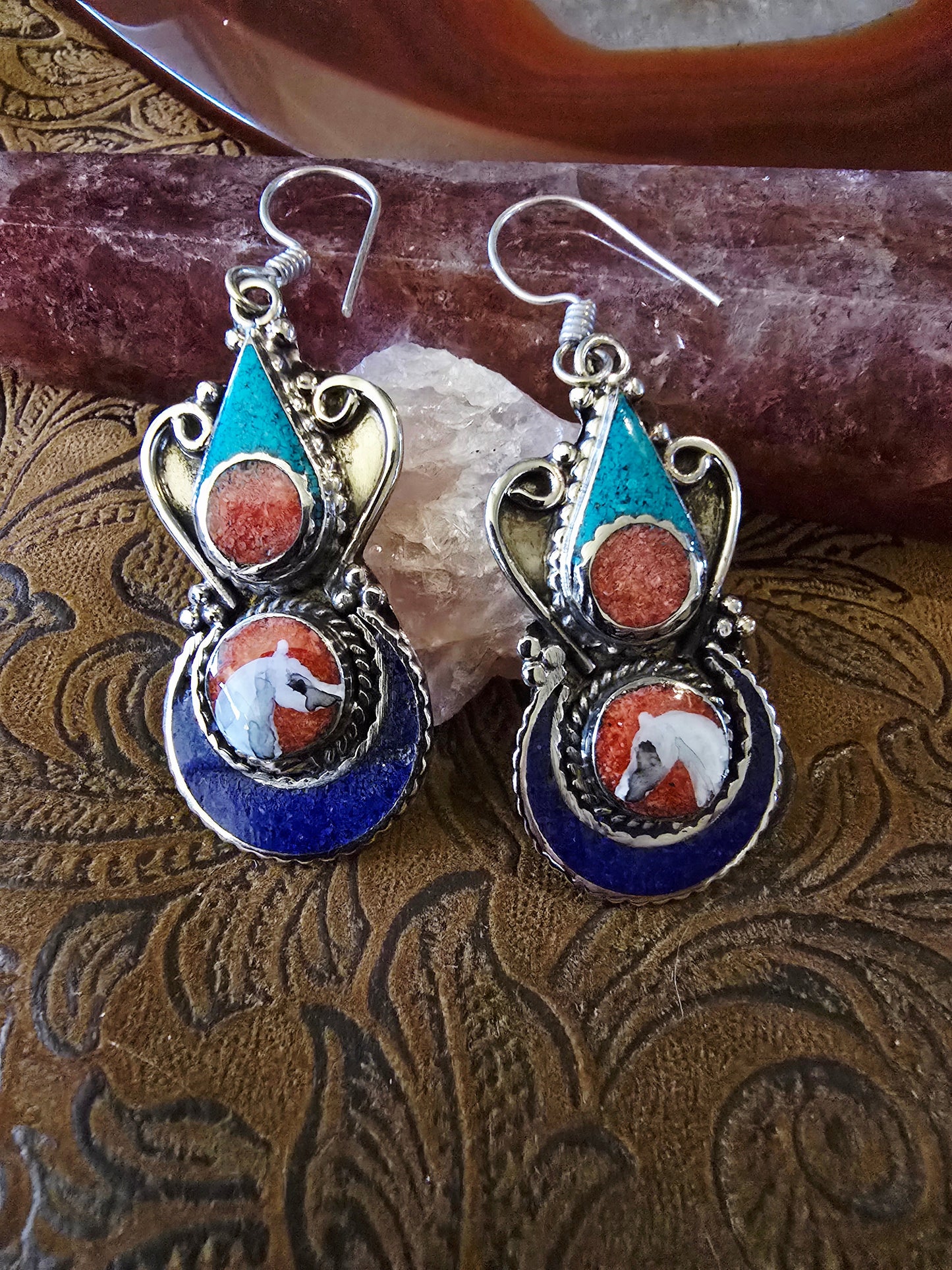 Hand-Painted Arabian Horse Sterling Silver Earrings — Turquoise, Coral & Lapis Inlay