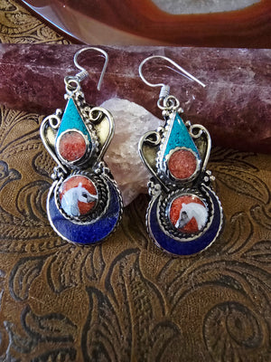 Hand-Painted Arabian Horse Sterling Silver Earrings — Turquoise, Coral & Lapis Inlay