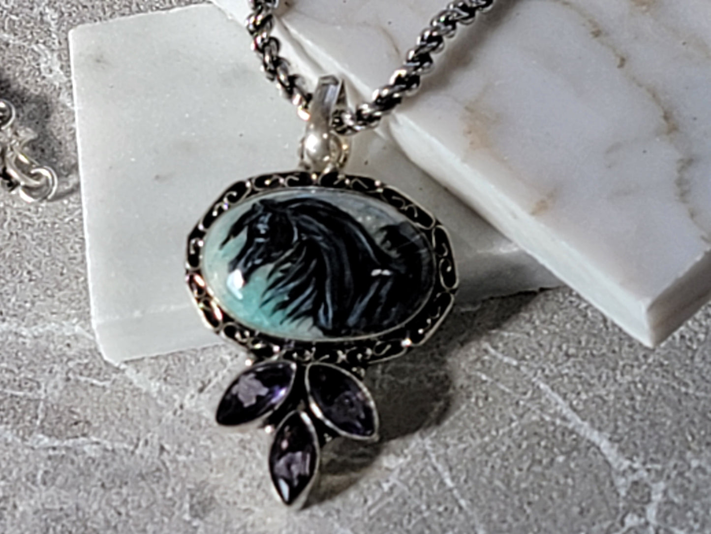 Black Arabian Horse Hand Painted Gemstone Sterling Silver Necklace