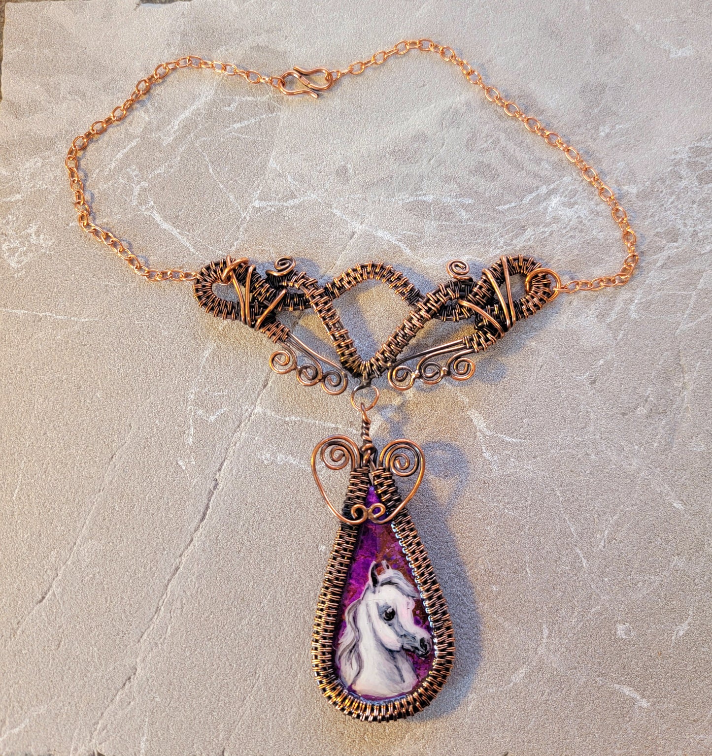 Copper Wire Wrapped Purple Jasper Hand Painted Arabian Horse Necklace