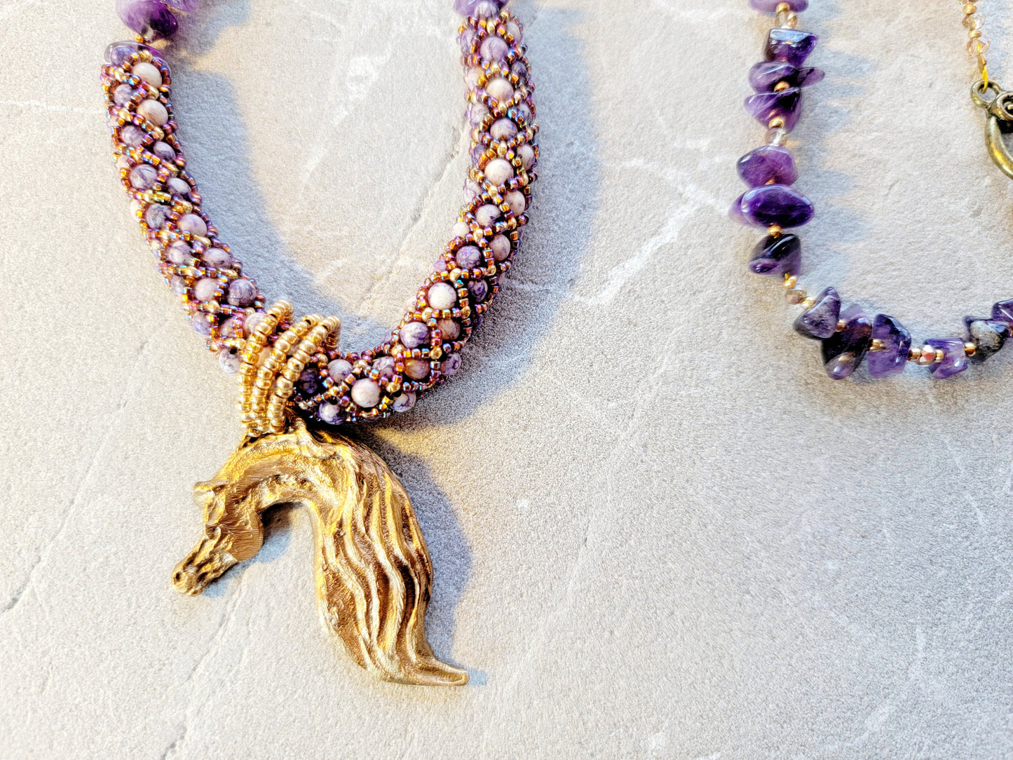 Hand Sculpted Bronze Horse Pendant Beaded Necklace