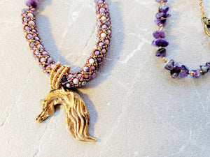 Hand Sculpted Bronze Horse Pendant Beaded Necklace