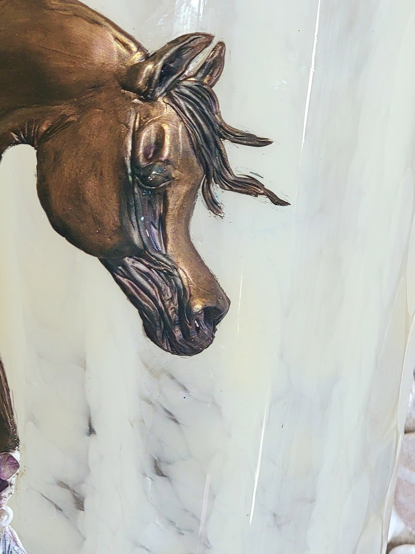 Arabian Horse Epoxy Resin Sculpture on Hand Blown White Swirl Glass Vase — Amethyst Gemstone Breast Collar