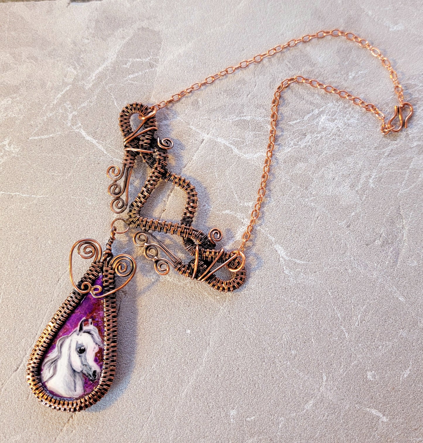 Copper Wire Wrapped Purple Jasper Hand Painted Arabian Horse Necklace