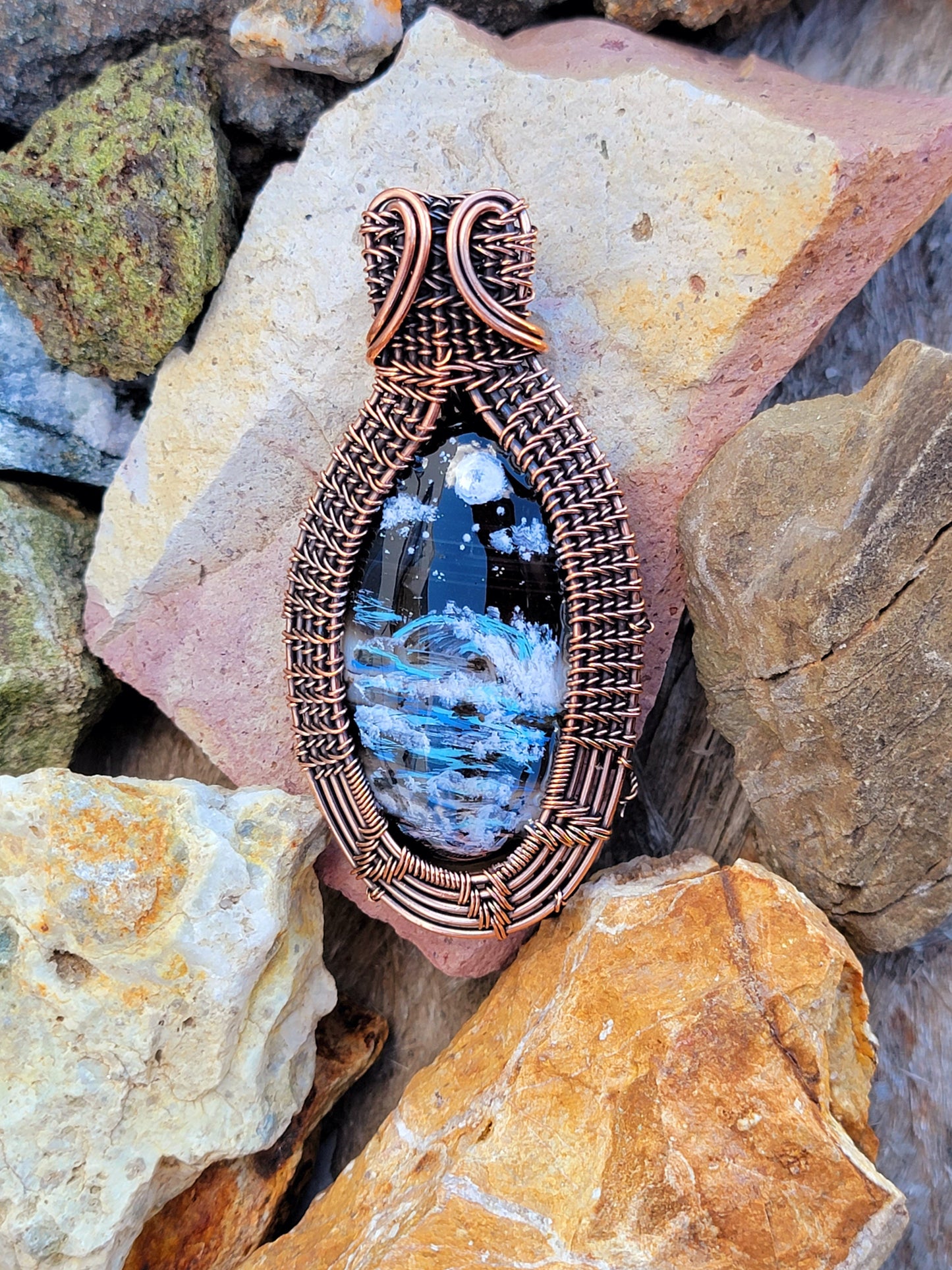 Hand-Painted Moonlit Ocean Copper Wire Wrapped Agate Pendant