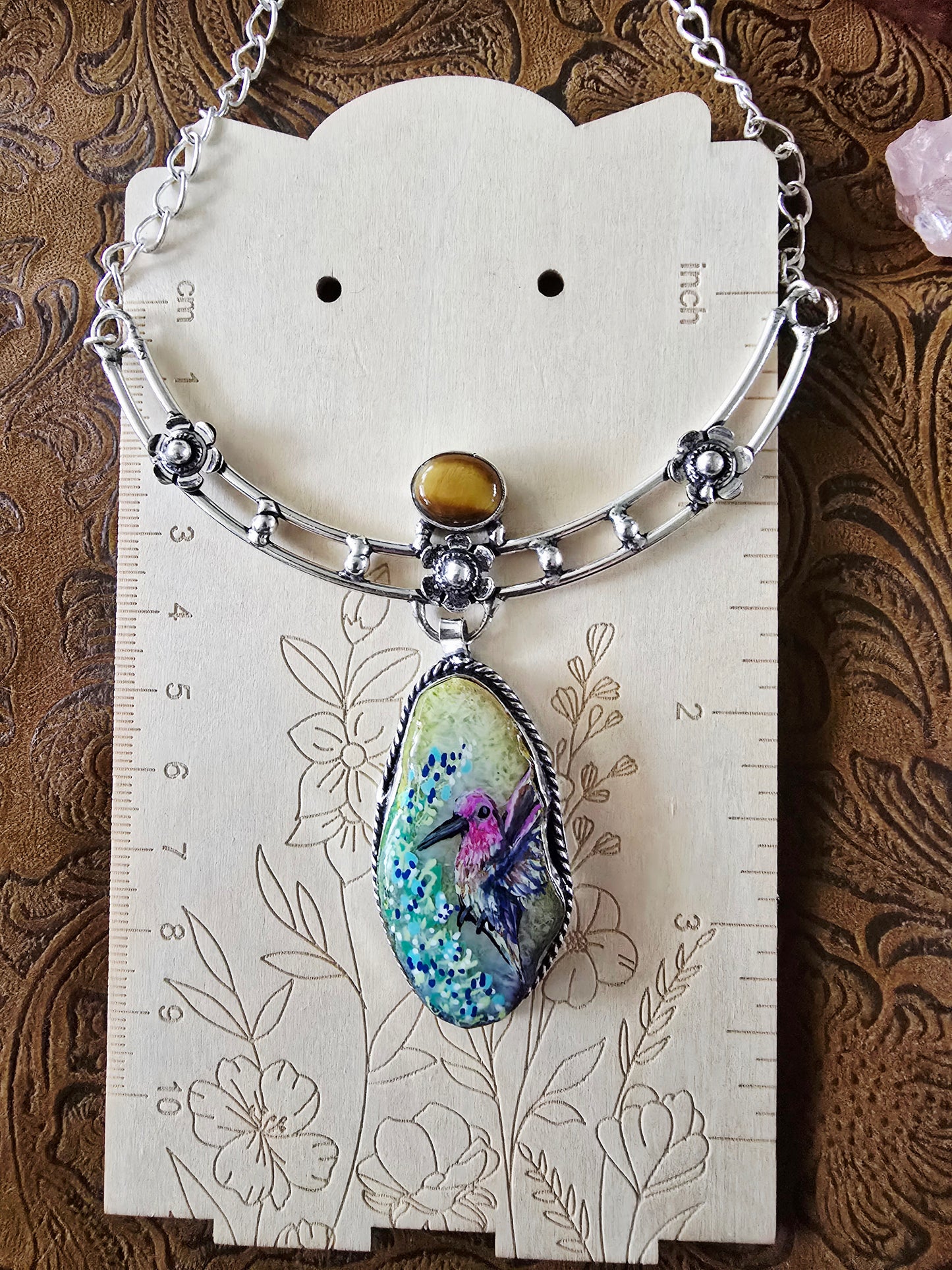 Hand Painted Hummingbird Solar Quartz & Tiger Eye Sterling Silver Necklace