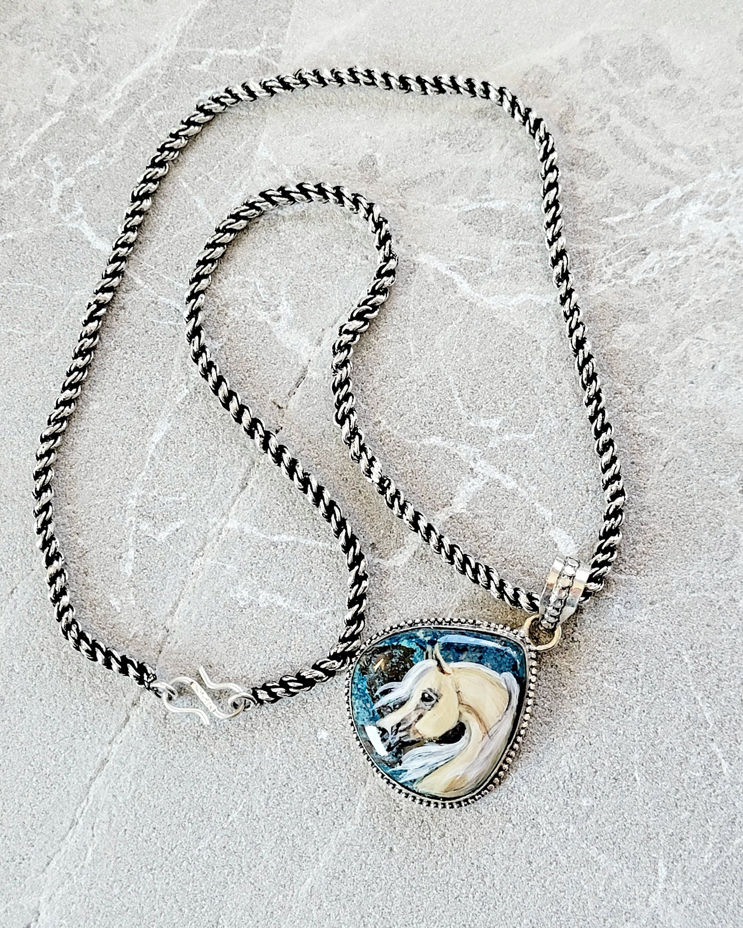 Hand Painted Palomino Horse Chrysocolla Sterling Silver Necklace