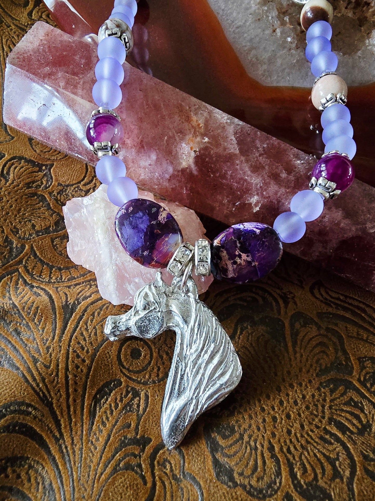 Pewter Arabian Horse Head Beaded Necklace — Purple Emperor Stone & Frosted Purple Chalcedony, 25"