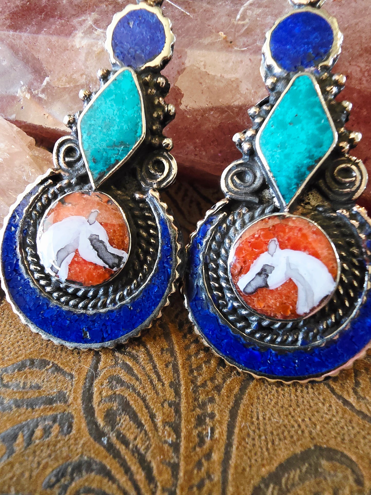 Hand-Painted Arabian Horse Earrings — Lapis, Turquoise & Coral Inlay — Tibetan Style
