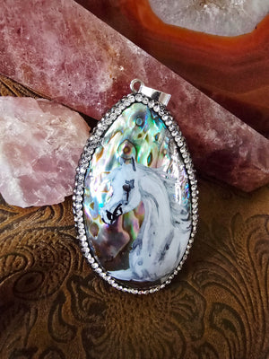 Hand-Painted Arabian Horse Pendant — Natural Abalone Shell with Pave Crystal Bezel