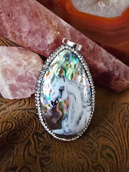 Hand-Painted Arabian Horse Pendant — Natural Abalone Shell with Pave Crystal Bezel