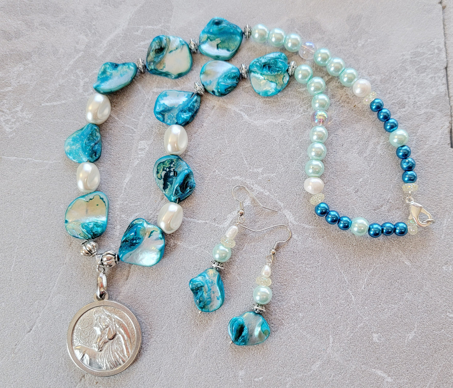 Pewter Horse Medallion Teal Shell & Pearl Necklace and Earring Set