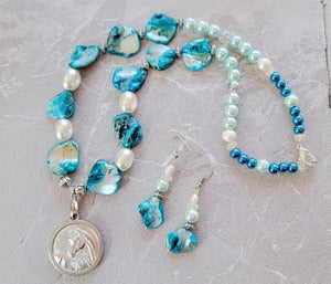 Pewter Horse Medallion Teal Shell & Pearl Necklace and Earring Set