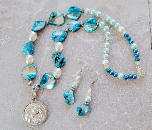 Pewter Horse Medallion Teal Shell & Pearl Necklace and Earring Set