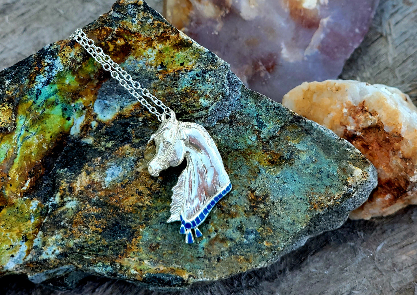 Sterling Silver Arabian Horse Necklace with Blue Enamel