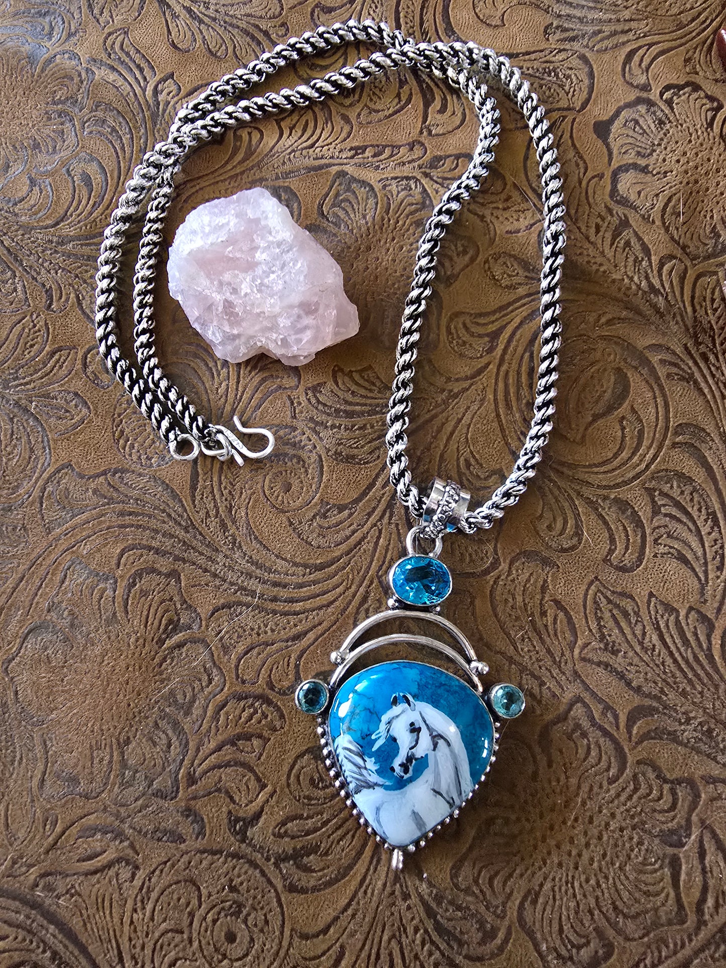 Turquoise and Topaz Sterling Silver Hand Painted Arabian Horse necklace