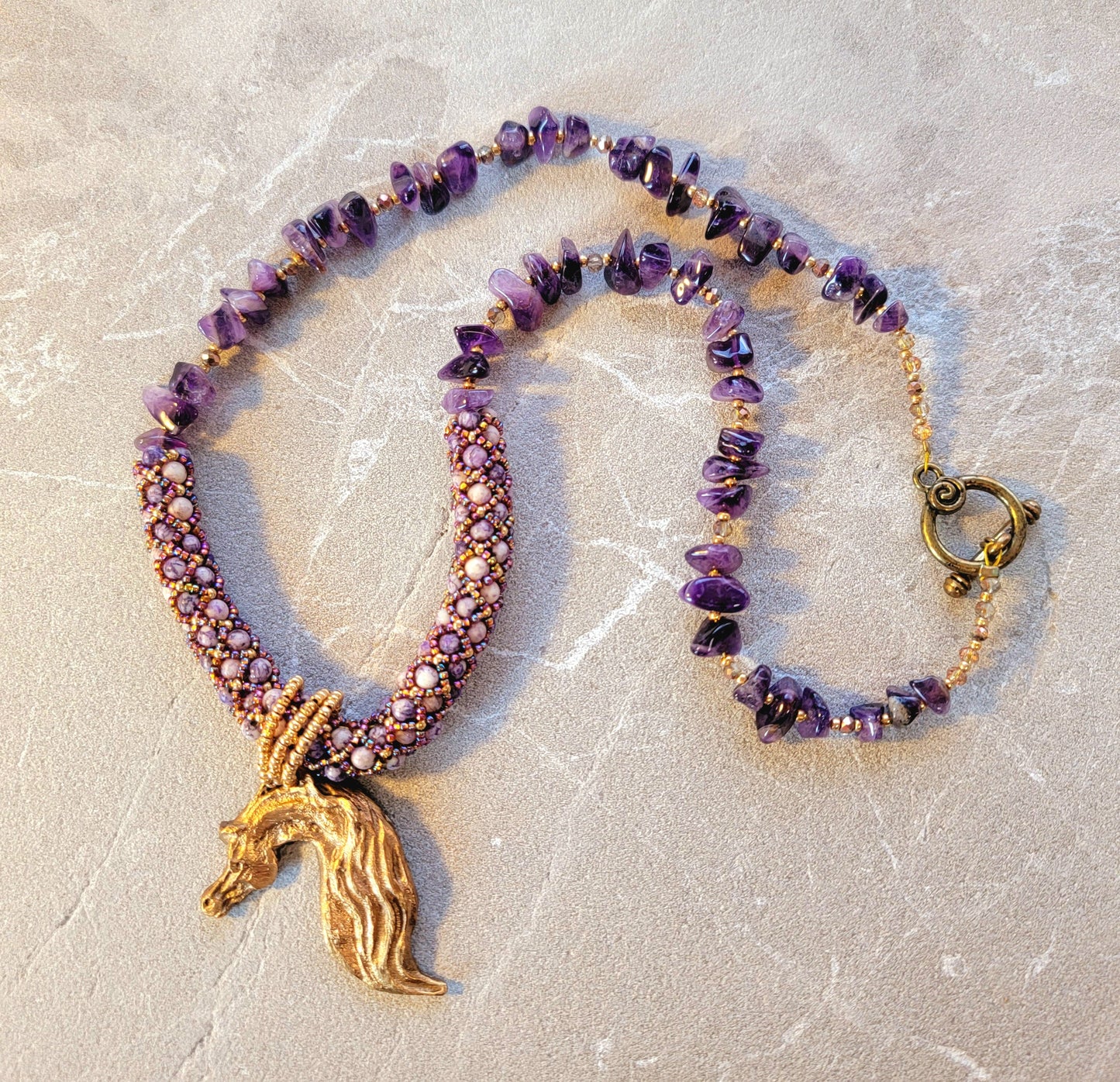Hand Sculpted Bronze Horse Pendant Beaded Necklace