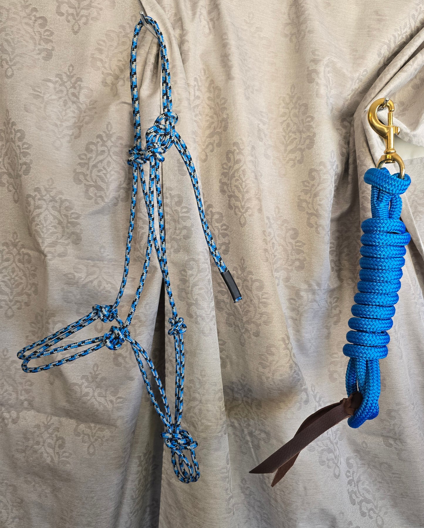 Handmade Arabian Rope Halter & Lead Rope Set — Blue/Black/Grey & Solid Blue, 10' Brass Snap