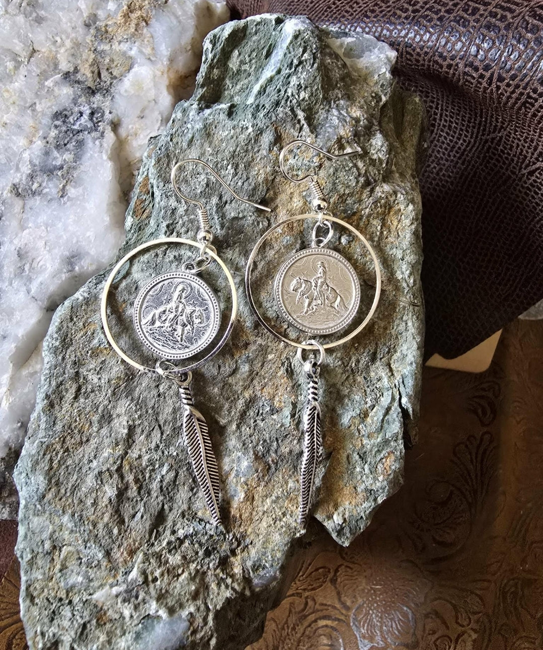 Reining Horse Hoop and Feather Earrings pewter and stainless steel