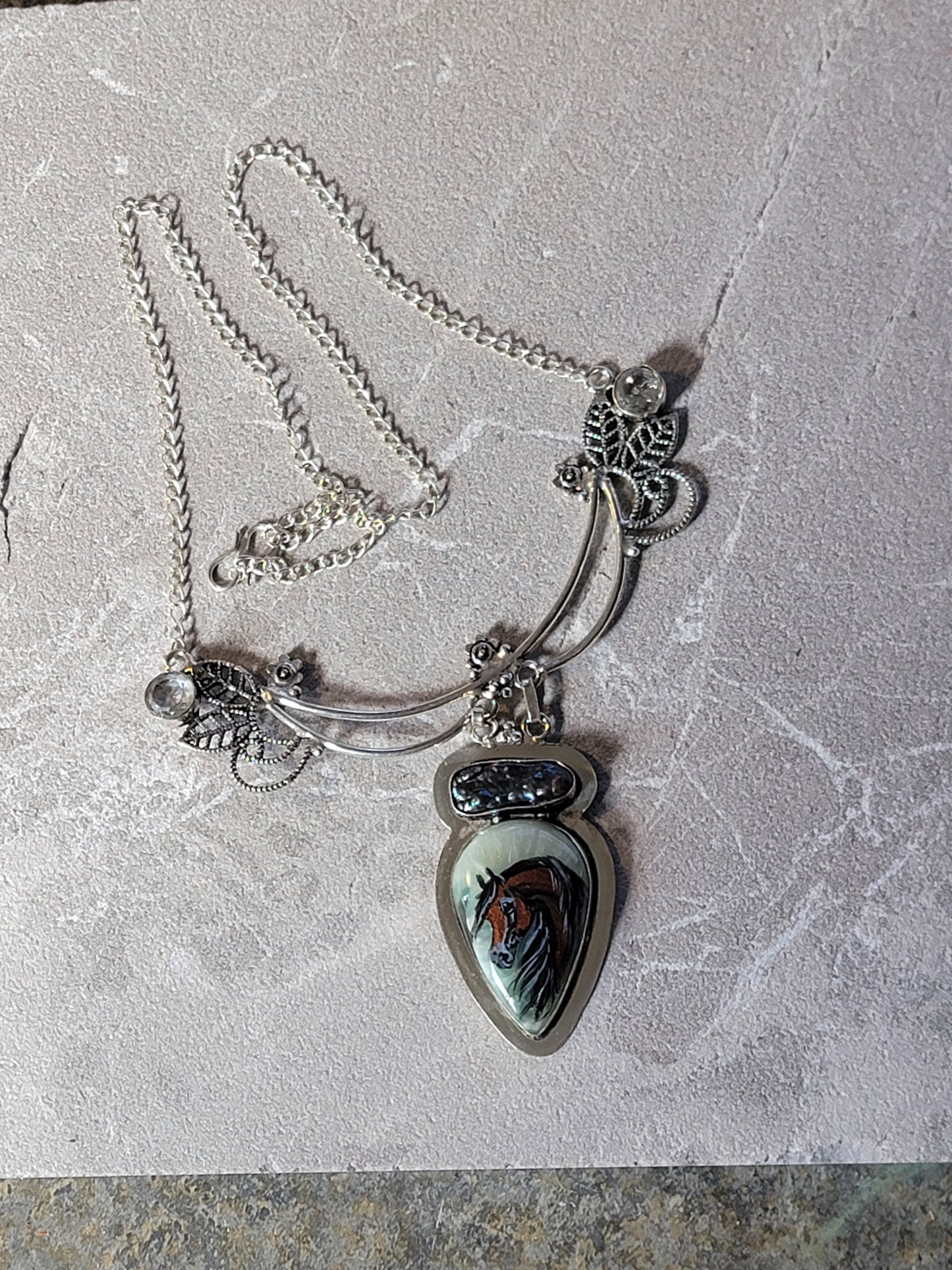 Hand-Painted Bay Horse Gemstone Necklace | Sterling Silver | Adjustable 20"