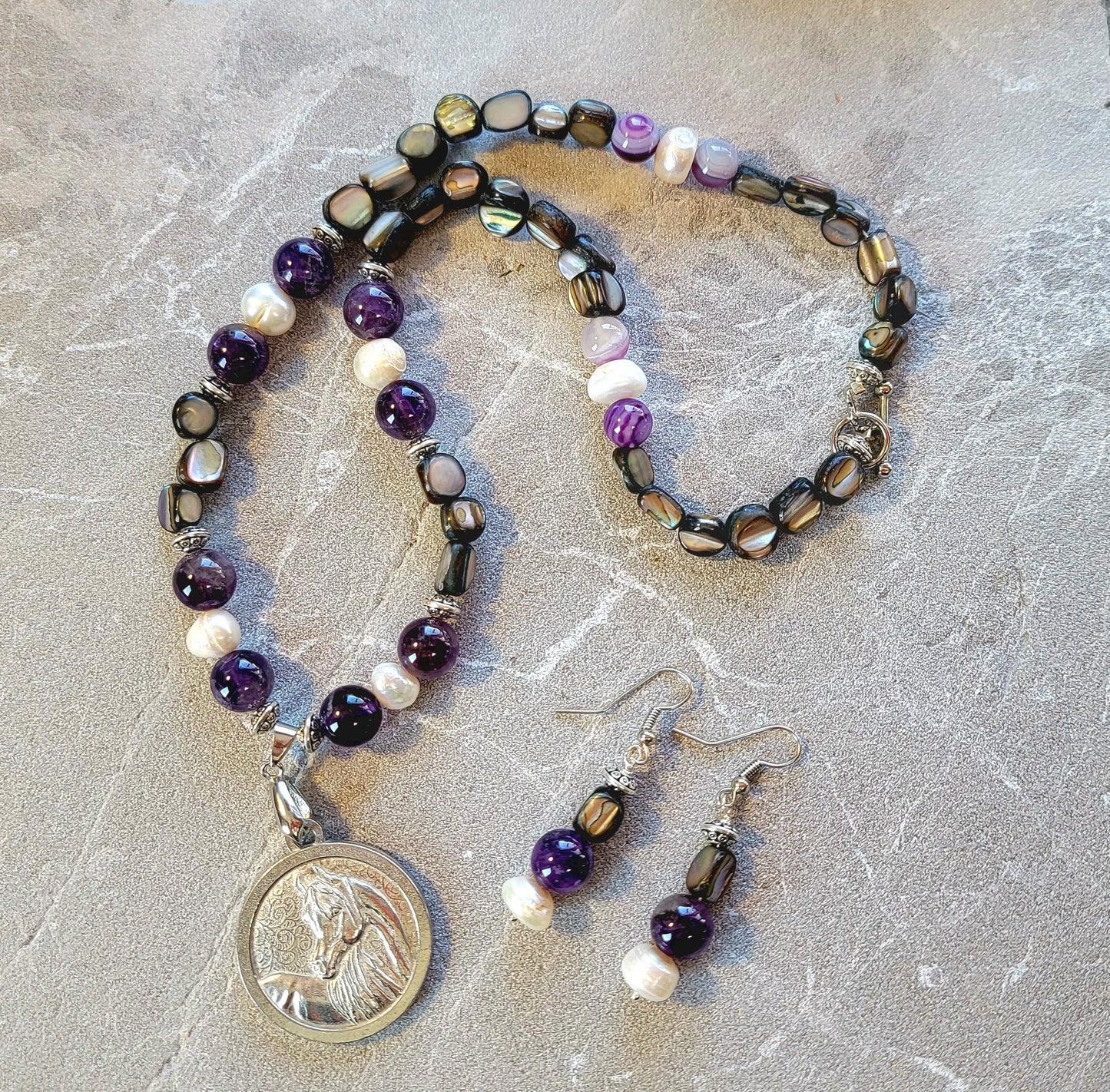 Pewter Horse Medallion Amethyst Pearl & Shell Necklace and Earring Set