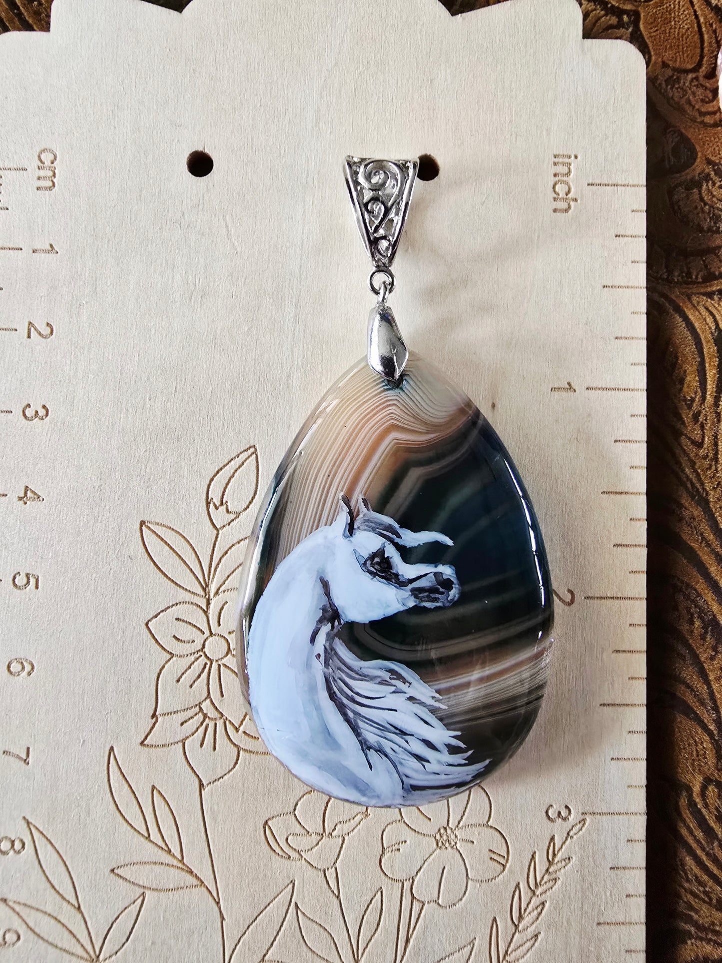 Hand-Painted Arabian Horse Pendant — Botswana Agate