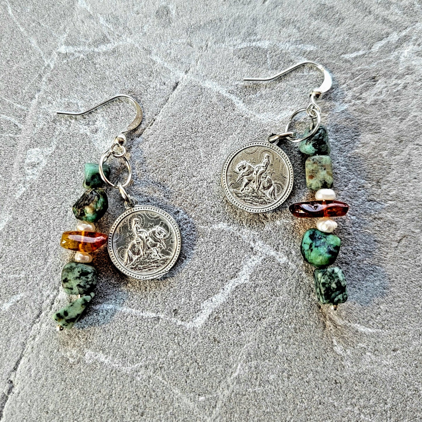 Reining Horse Pewter Charm Gemstone Earrings
