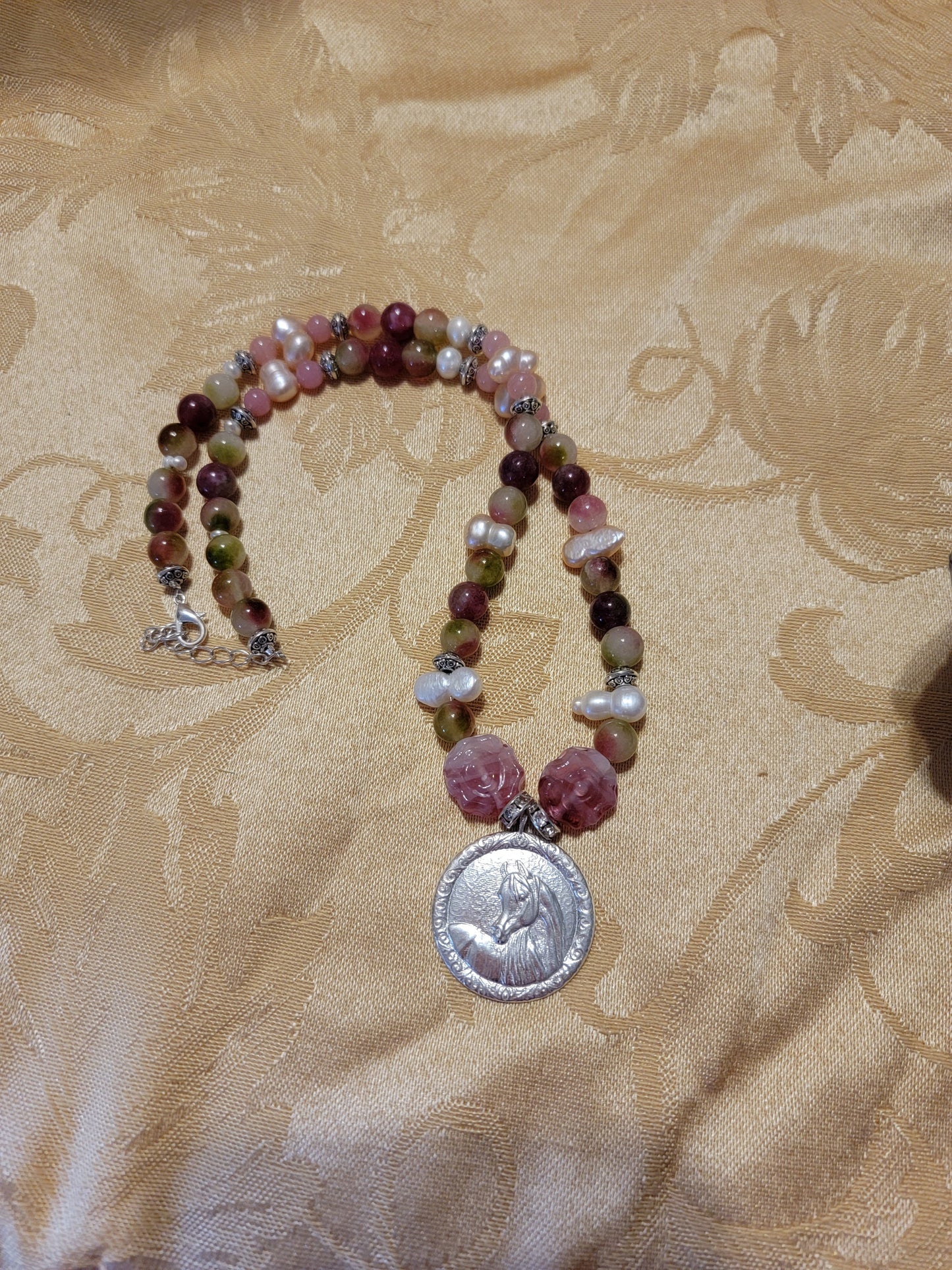 Arabian Horse Sterling Silver Necklace — Rose Quartz, Biwa Pearls & Pink Tourmaline