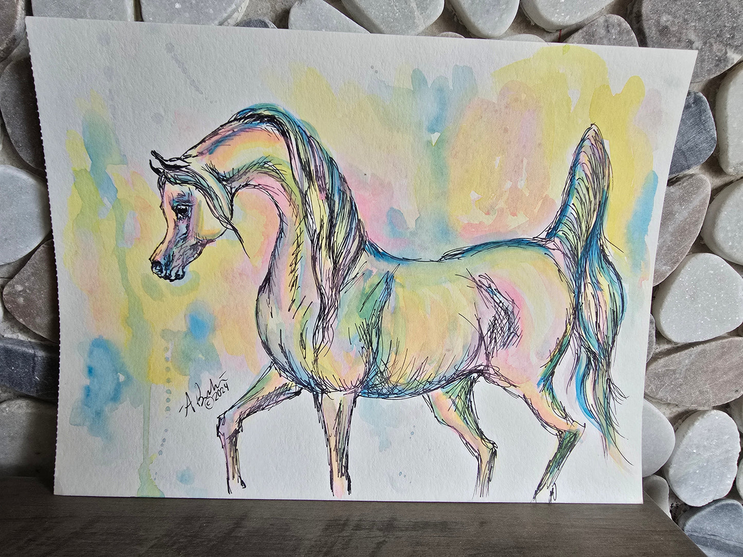 Original Abstract Ink & Watercolor — Exaggerated Arabian Horse, approx. 9x12"