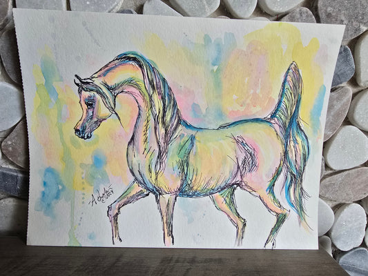 Original Abstract Ink & Watercolor — Exaggerated Arabian Horse, approx. 9x12"