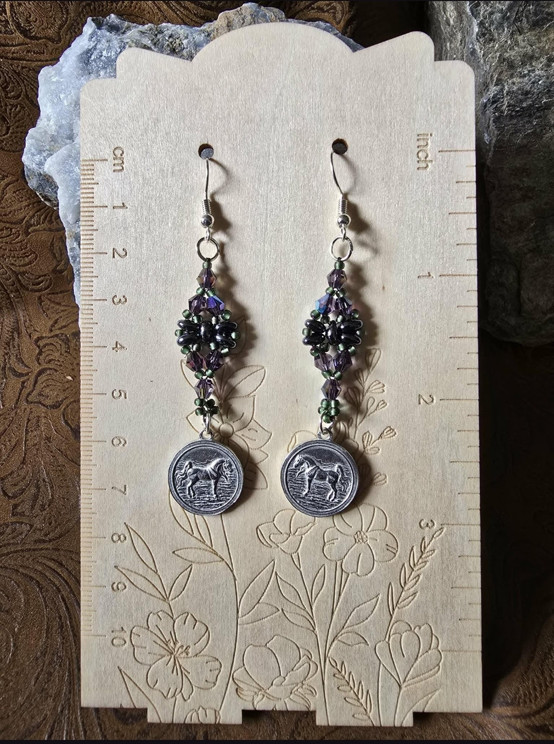 Luxury Beaded Arabian Horse Earrings Purple Swarovski Crystals Pewter Charms