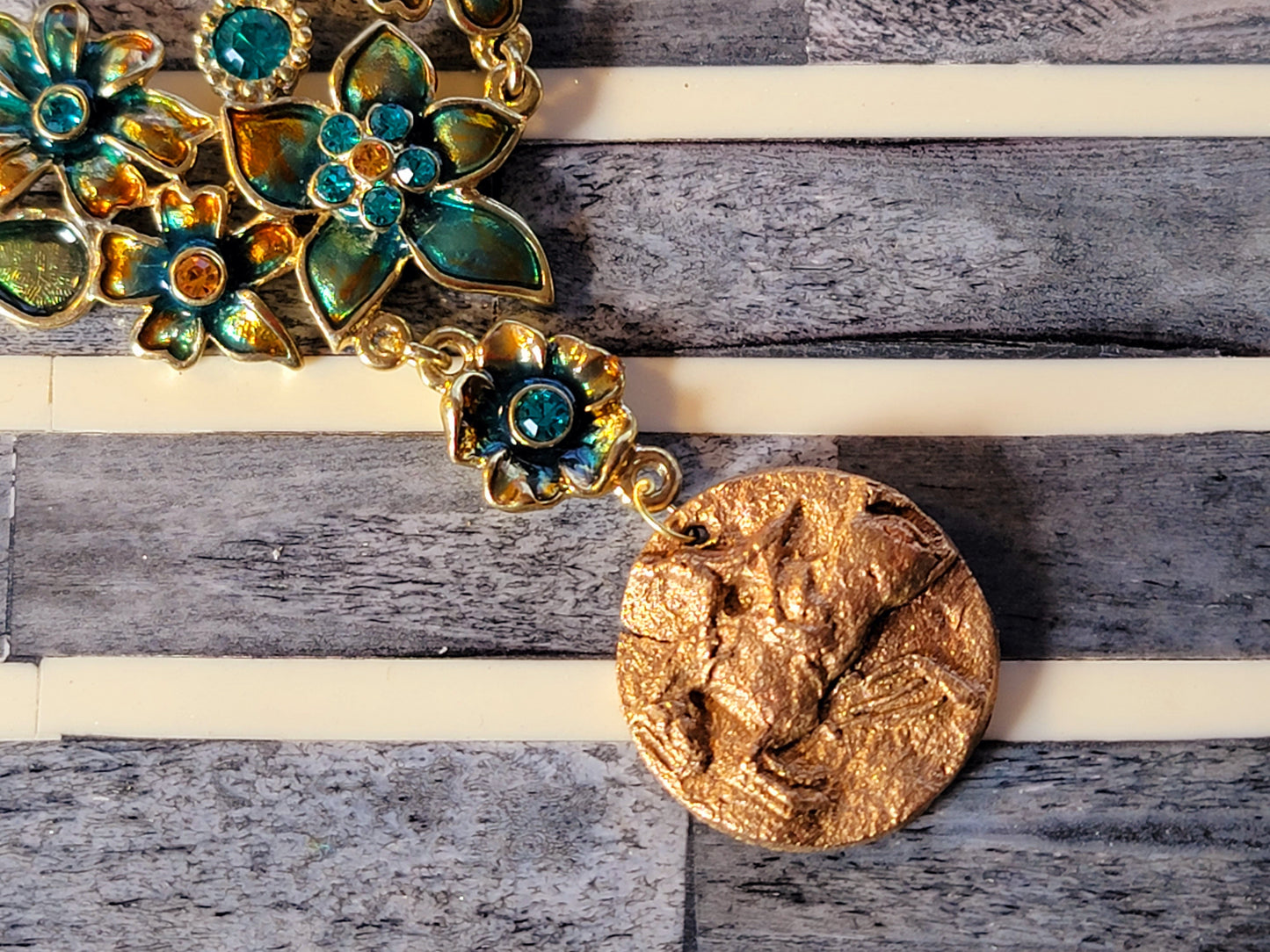 Hunter Jumper Bronze Clay & Teal Enamel Floral Necklace