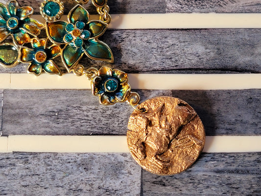 Hunter Jumper Bronze Clay & Teal Enamel Floral Necklace