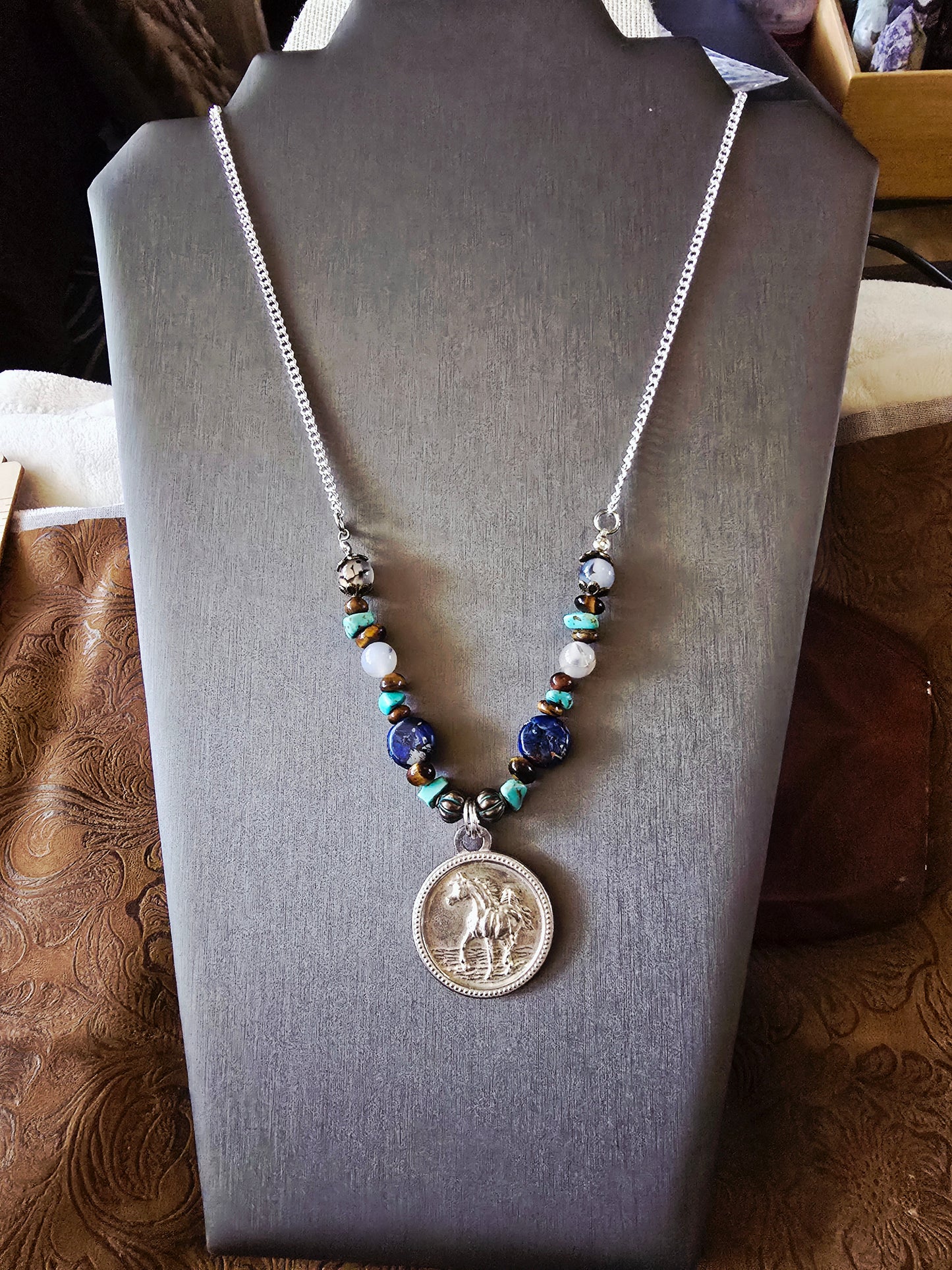 Pewter Arabian Horse Necklace — Jasper, Turquoise, Tiger's Eye & Dendritic Opal Gemstone Beads, 24"
