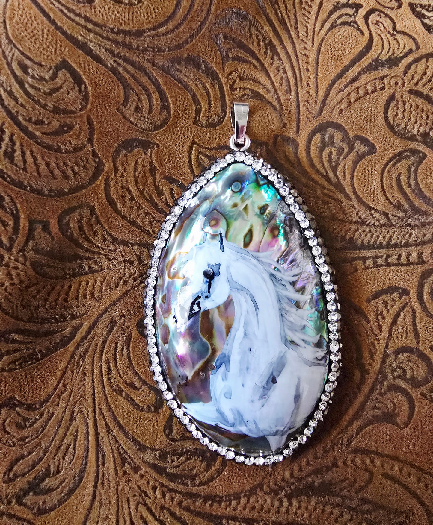 Hand-Painted Arabian Horse Pendant — Natural Abalone Shell with Pave Crystal Bezel