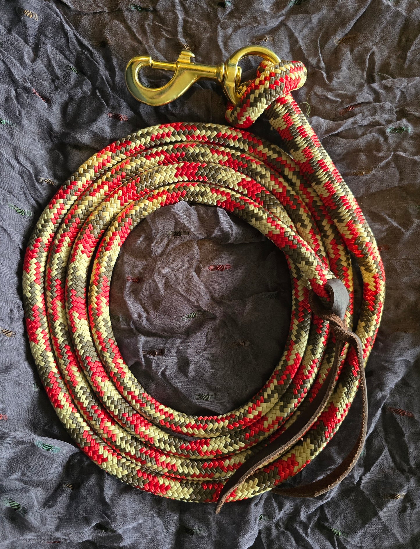 Handcrafted 10' Lead Rope with Leather Popper — Brown, Red & Tan
