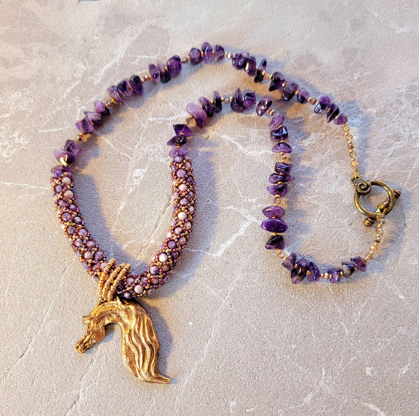 Hand Sculpted Bronze Horse Pendant Beaded Necklace