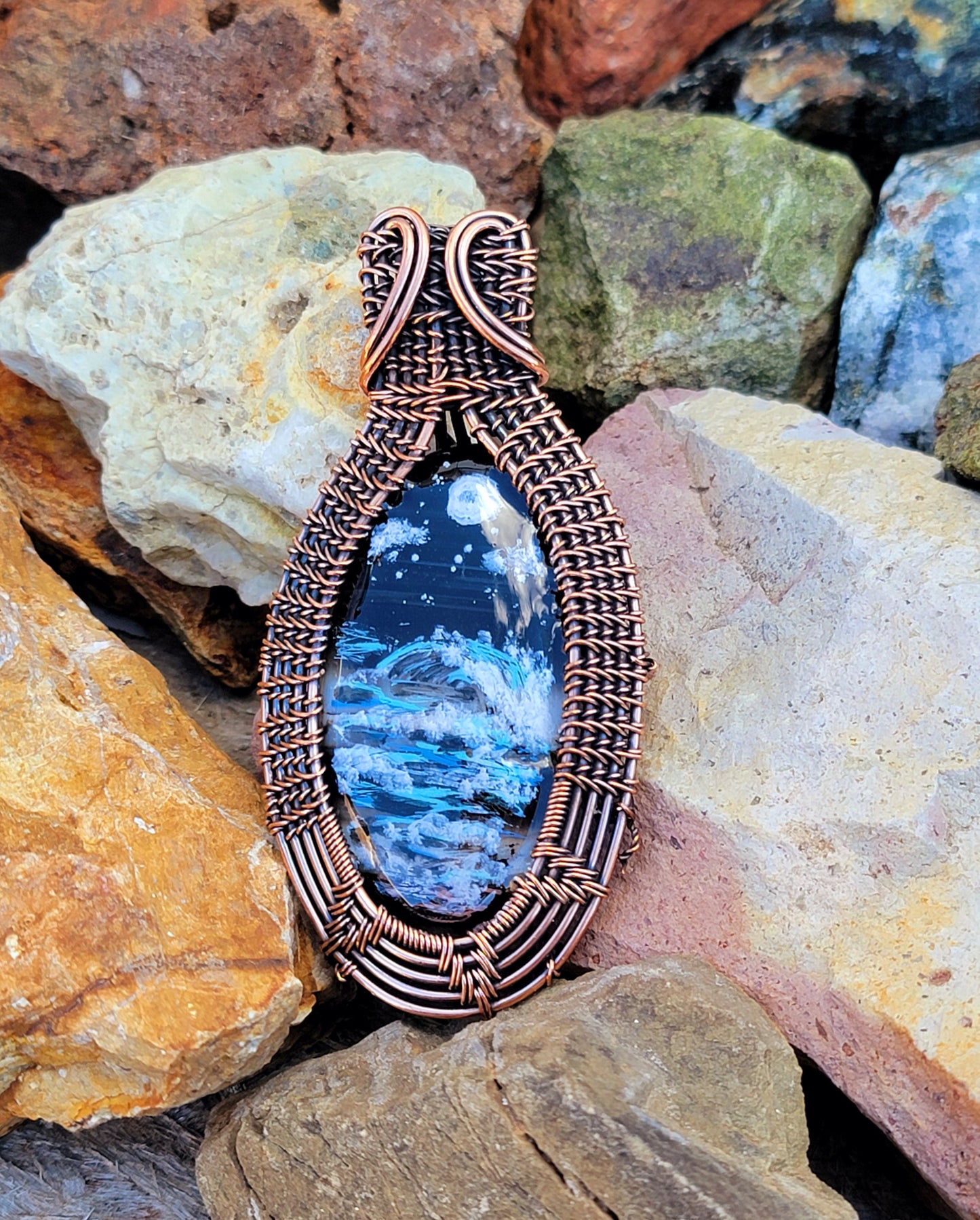 Hand-Painted Moonlit Ocean Copper Wire Wrapped Agate Pendant