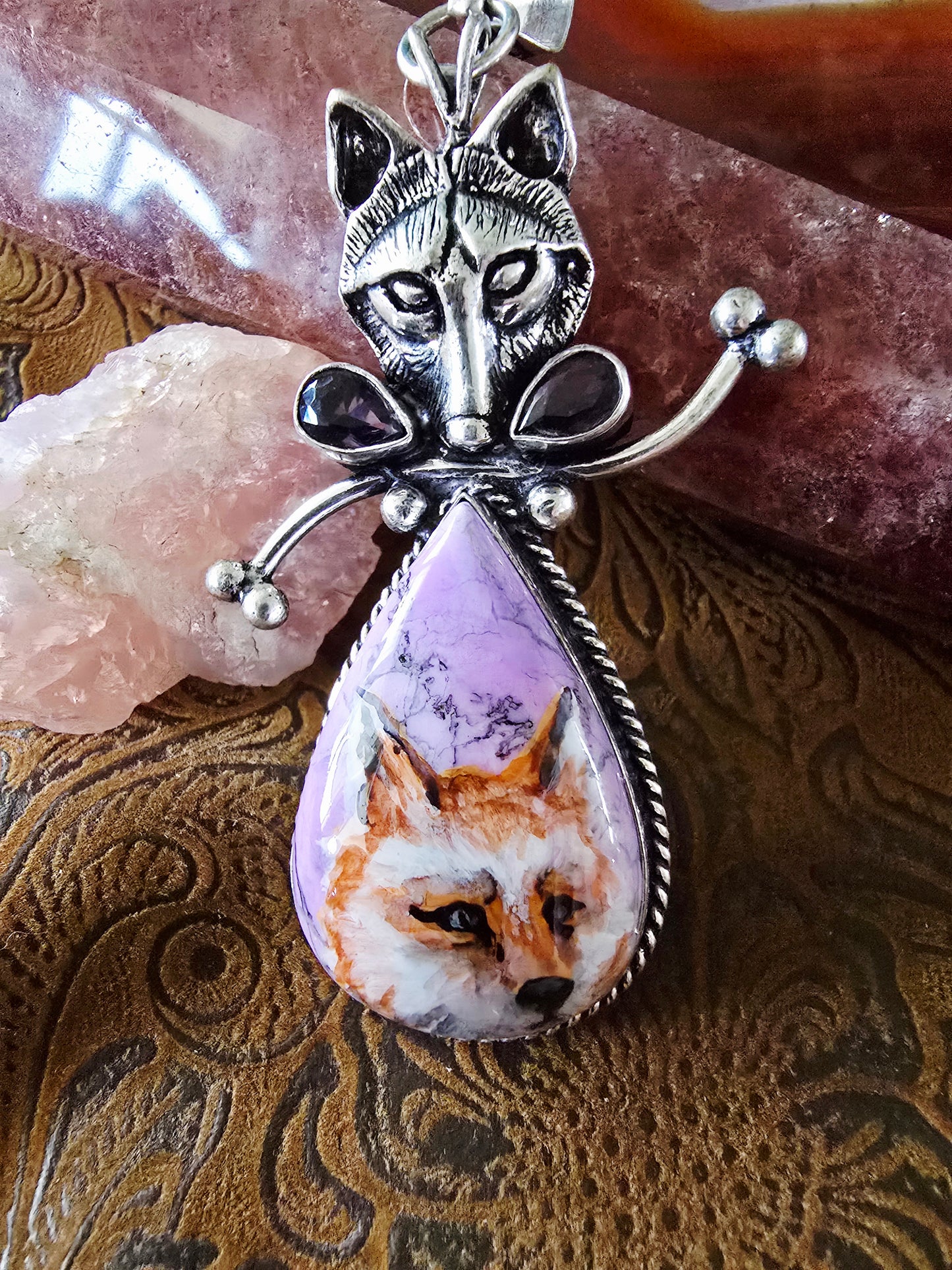 Hand-Painted Fox Portrait Pendant — Lavender Crazy Lace Agate — Fox-on-Fox
