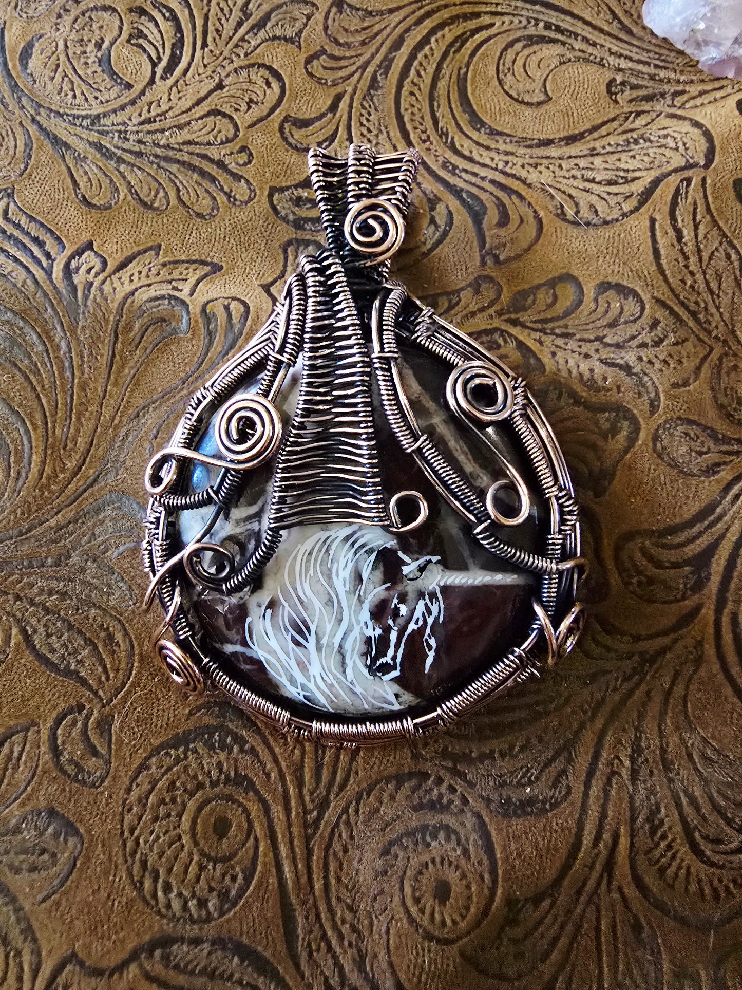 Natural Unicorn Picasso Jasper Wire Wrap Pendant