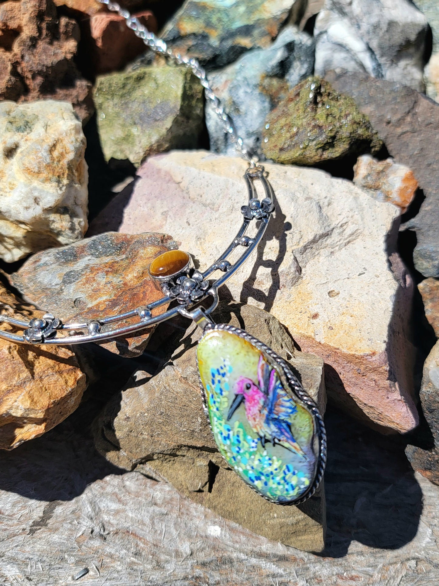Hand Painted Hummingbird Solar Quartz & Tiger Eye Sterling Silver Necklace